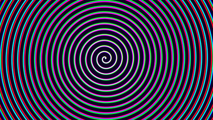Psychedelic Hypnosis Spiral. Archimedean Spiral with Glitch RGB Red Green Blue Effect. Brainwash Propaganda Concept. Vector Illustration.