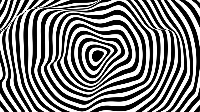 Psychedelic Warped Lines Optical Illusion Texture. Abstract Geometric Background Vector Design. Black and White Modern Pattern Op Art Illustration.