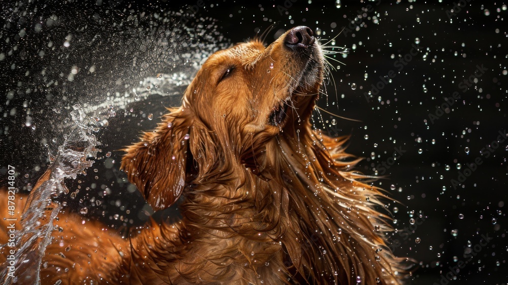 Poster dog shaking off water in mid-air, creating a splash effect with droplets flying everywhere.