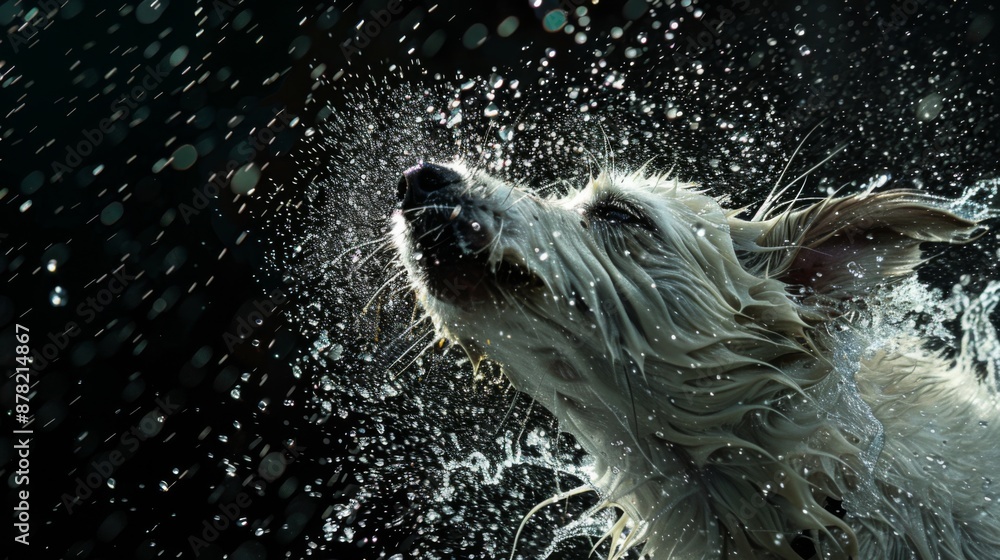 Poster dog shaking off water in mid-air, creating a splash effect with droplets flying everywhere.
