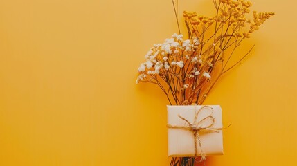 Gift wrapped in brown paper with yellow flowers