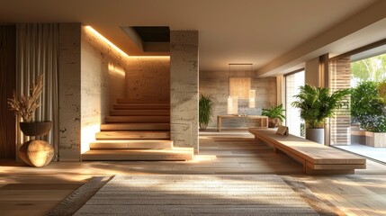 Modern minimalist foyer with soft lighting and warm wooden accents.