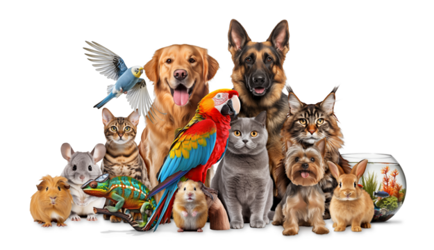 Cute group of various pet like dog cat parrot or rabbit isolated white background. furry domestic animal veterinary concept