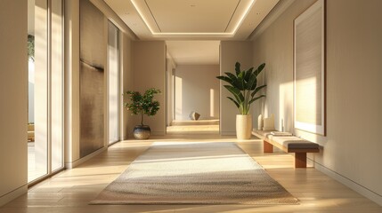 Obraz premium Large open space with a white carpet and a potted plant. The room is well lit and has a clean, minimalist feel.