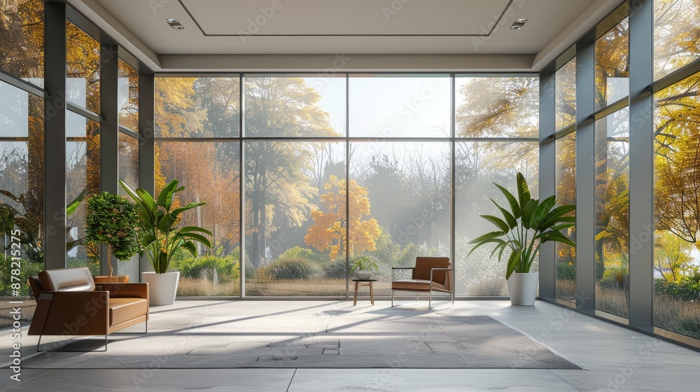 Poster large room with a view of trees and a potted plant. the room is empty except for a chair and a table
