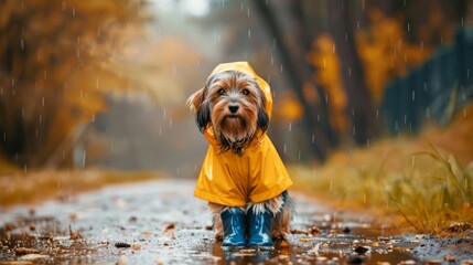 Dog wearing a raincoat and boots, ready for a walk on a rainy day with a playful attitude.