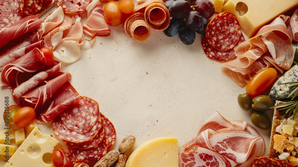 Wall mural assorted deli meats and cheeses creating a savory frame around a central copy space