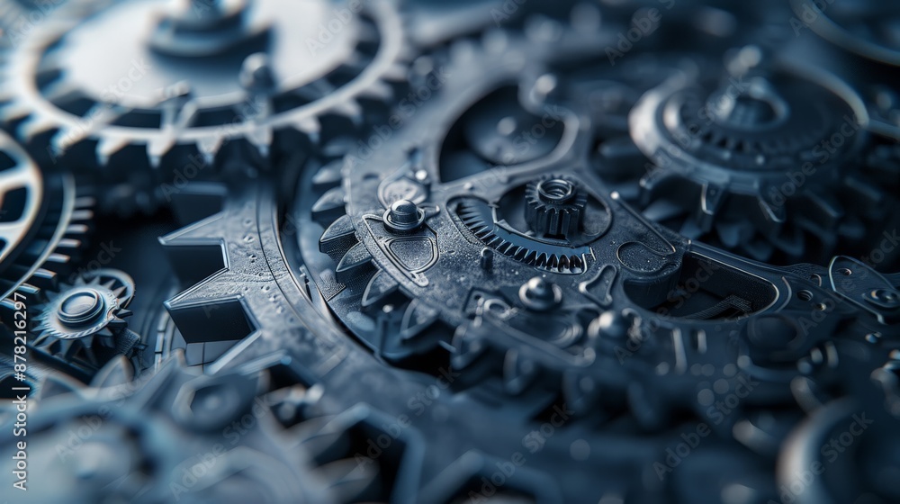 Poster detailed close-up of intricate mechanical gears, representing engineering and technological advancem