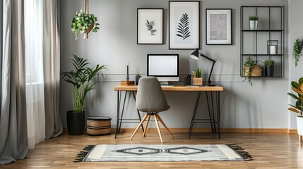 Serene home office with simple desk, ergonomic chair, and monochrome art.