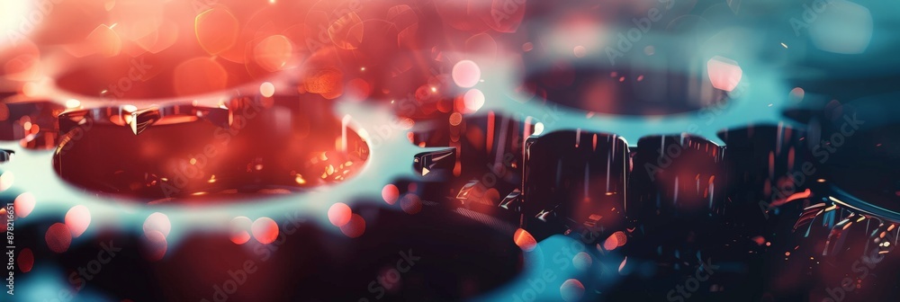 Poster close-up of interconnected gears with bokeh background. concept of machinery and mechanical engineer