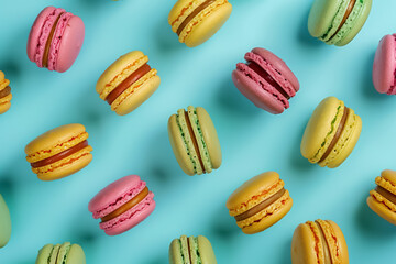 Obraz premium Bright food photography of macaroons on pastel blue background