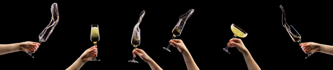 Set of hands holding glass of sparkling champagne isolated on black. © boule1301