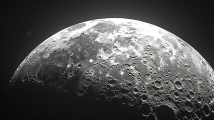 Moon surface with craters on dark background. Fragment of half of lunar surface, close-up