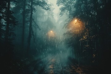 Fototapeta premium Moody forest landscape during a heavy downpour at dusk with light penetrating the mist, creating an ethereal and mysterious atmosphere