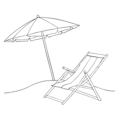Obraz premium single line drawing of a parasol and beach chair isolated on a white background. 