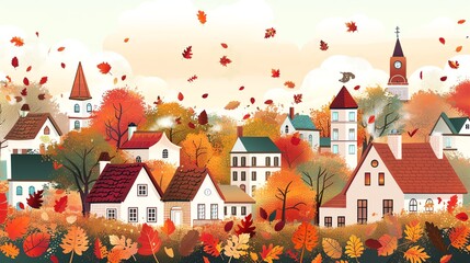A cartoon illustration of a small town in the fall.