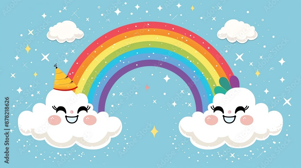 Sticker A cartoon illustration of a rainbow with two happy clouds on a blue background.