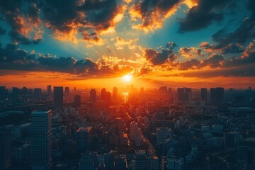 Fototapeta premium Stunning panoramic view of an urban cityscape at sunset with a dramatic skyline and glowing clouds illuminating the vibrant metropolis