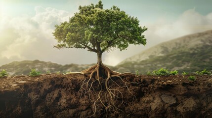 Majestic tree with a visible root system, set against a backdrop of a hilly landscape with scattered clouds
