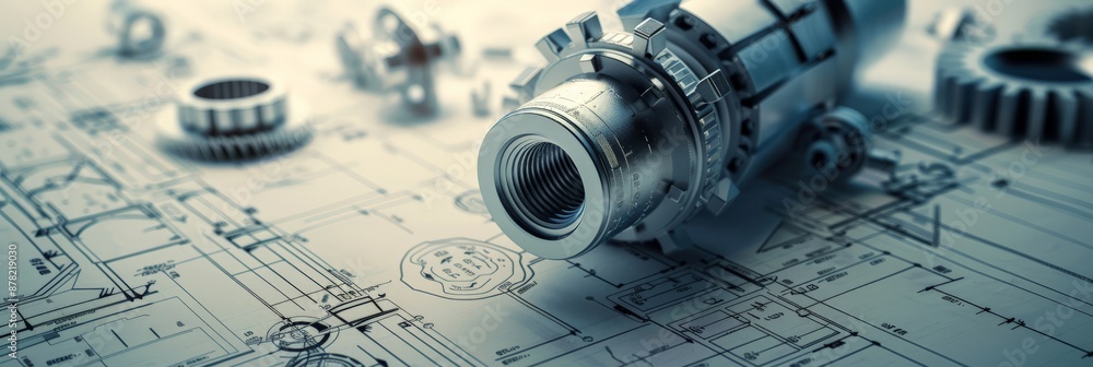 Aufkleber Close-up of mechanical parts and blueprints with a focus on a threaded component. Represents precision engineering and technical design.