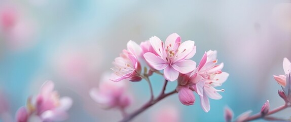 Defocused spring floral background in pastel blue and pink with delicate flowers. Made with generative AI technology