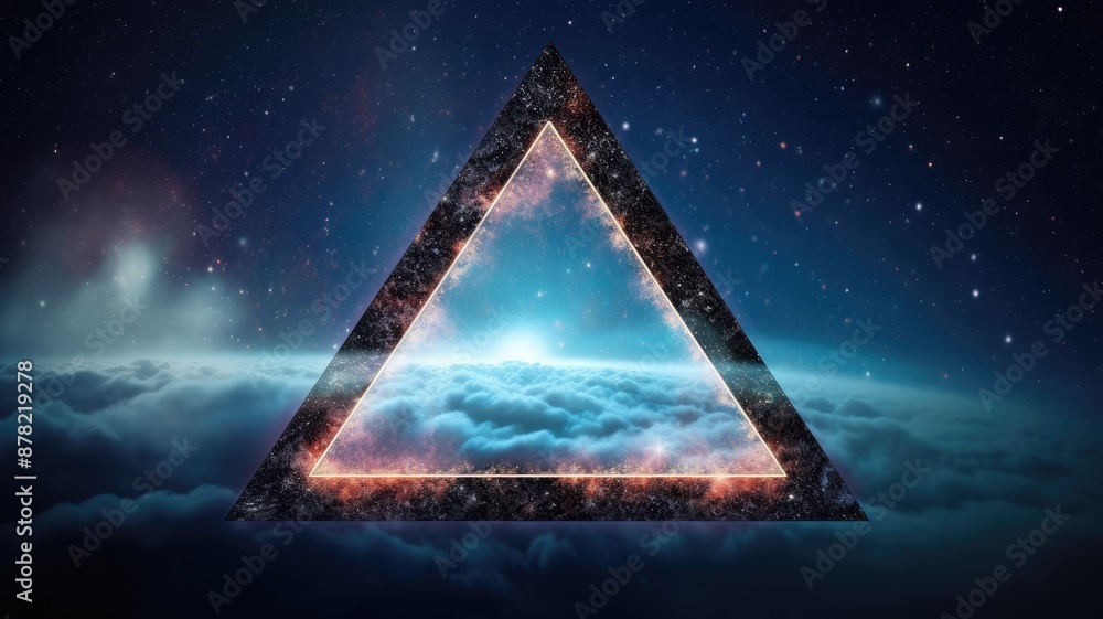 Poster abstract of mysterious geometric shape portal or frame with nebula light release particle or plasma 
