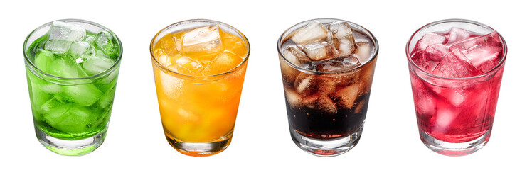 Colorful cold soft drinks with ice cubes in glasses, great for quenching thirst and cooling off in...