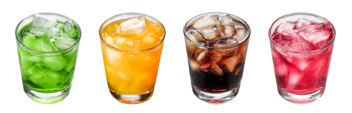 Colorful cold soft drinks with ice cubes in glasses, great for quenching thirst and cooling off in summer