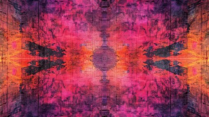 Obraz premium Abstract representation with a symmetrical pattern, featuring a variety of colors such as red, purple, orange, and black, with a texture that resembles a stained or painted wooden surface