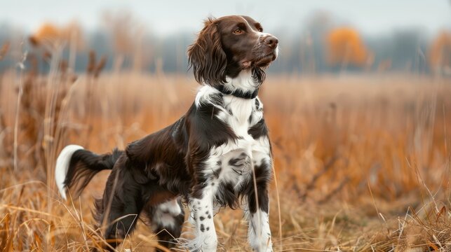 Small Munsterlander hunting dog in field with poised stance