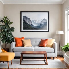 Living room with couch and picture frame on wall.