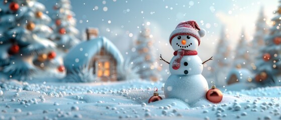 Fototapeta premium Festive Snowman in Winter Wonderland with Snow-Covered Trees and Cozy Cottage in Background
