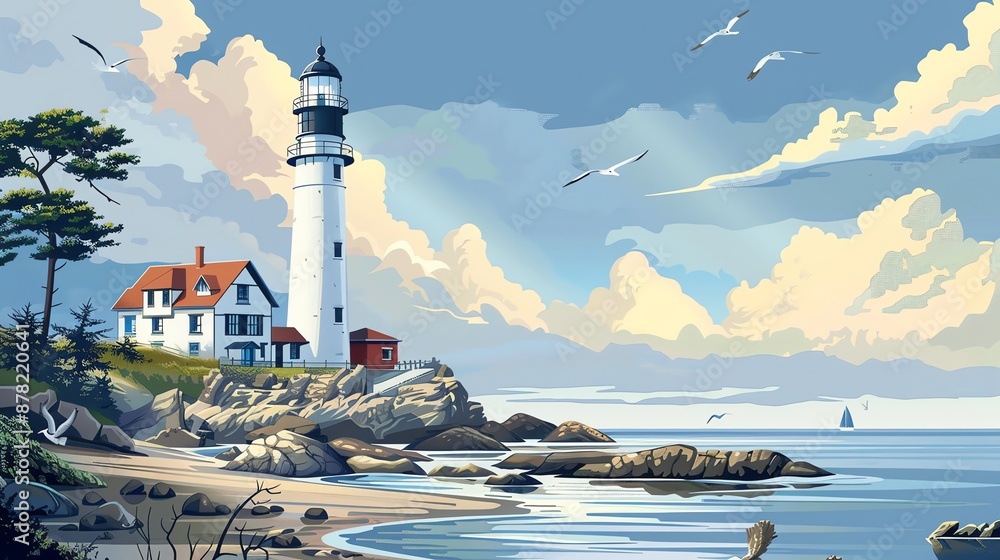 Wall mural A cartoon illustration of a lighthouse on a rocky coast.