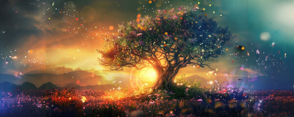 Enchanting sunset landscape with a tree and blooming flowers