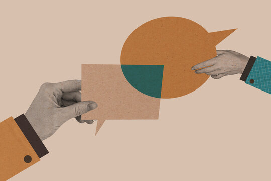 Trend artwork composite photo collage of speech bubble textbox mind cloud message social media hand hold show chat conversation quote