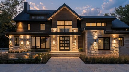Obraz premium modern suburban farmhouse with a blend of stone and wood, featuring a large, inviting front door and soft landscape lighting