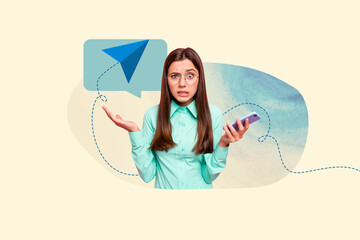 Creative picture young questioned girl telegram app messenger internet social media smartphone...