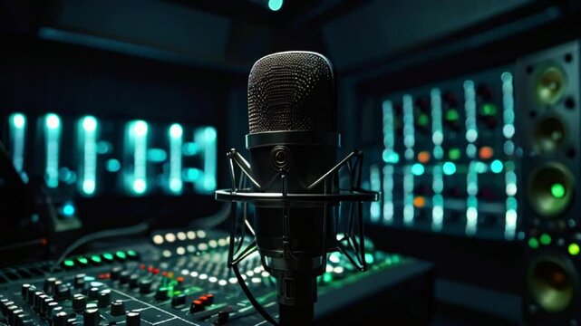 A close up of a black microphone in front of a green and black background with many small lights.