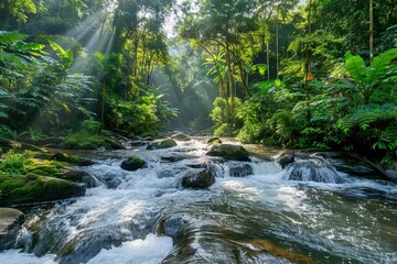 Obraz premium Sunlight filtering through trees onto river in tranquil and serene forest landscape
