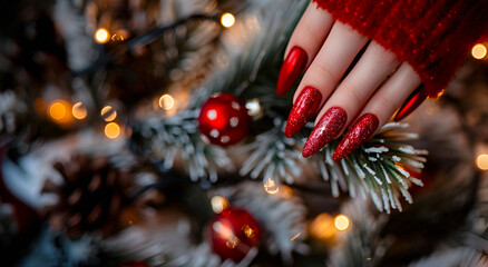 Sparkling red manicure for festive Christmas mood