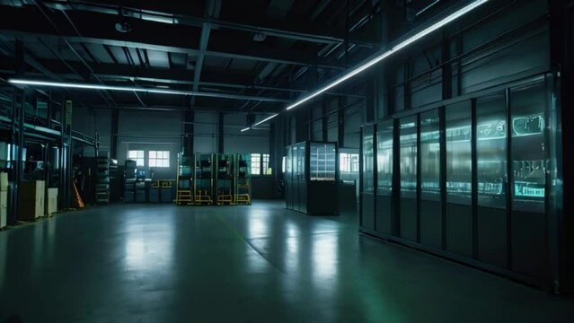 The video is of the inside of a large, dark warehouse. There are tall shelves on one side of the warehouse and a large, open space in the middle. 