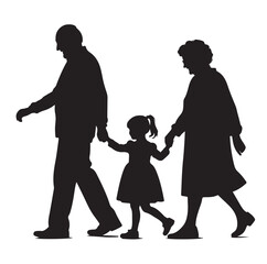 grandparents walking with two granddaughter silhouette vector