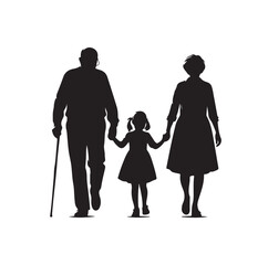 grandparents walking with two granddaughter silhouette vector