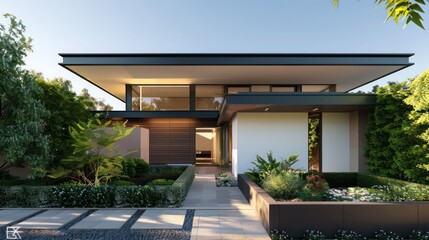 Fototapeta premium modern suburban farmhouse with a minimalist approach, featuring a flat roof, clean lines, and a hidden entrance among vertical garden walls