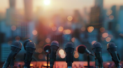 Microphones set up on a table with a cityscape background, ready for a press conference or media event. The scene is perfect for conveying themes of communication, journalism, and public speaking.