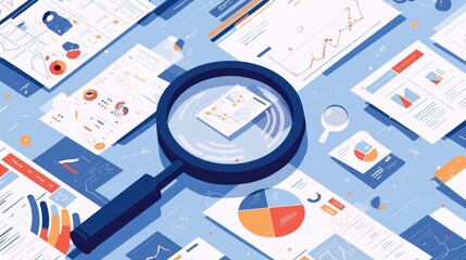 Art digital of magnifying glass over business documents and charts, symbolizing. The setting features scattered papers with business file charts, creating a professional atmosphere