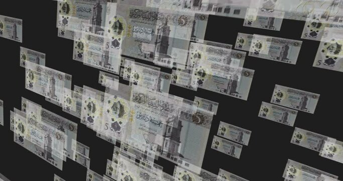 Libya dinar 5 LYD banknote loop. Flying between transparent money Libyan note. 3D seamless looped abstract concept of business, economy, finance, crisis and banking.