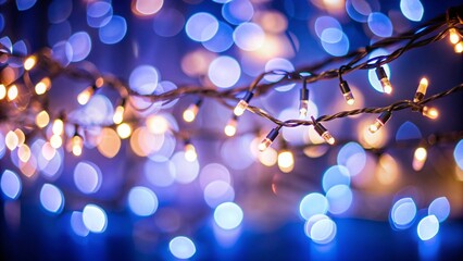 string of light on blue  background, fairy lights on bokeh party background at night sky, string of lights border, celebration concept with copy space