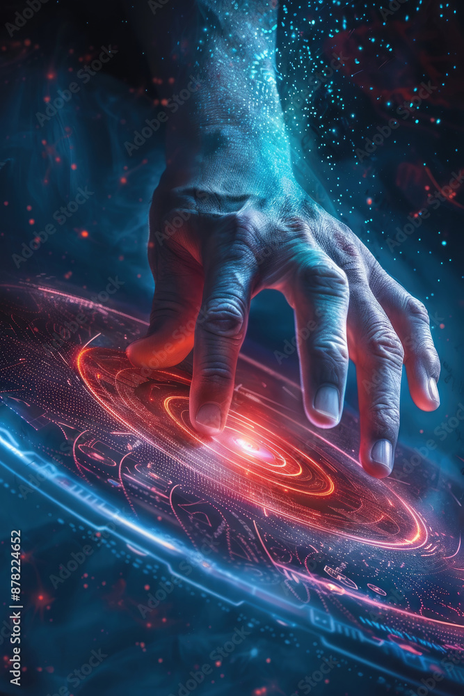 Poster a hand reaching towards a glowing circular interface in a futuristic setting
