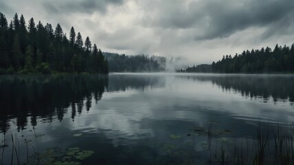 dark lake with fog surrounded by forest